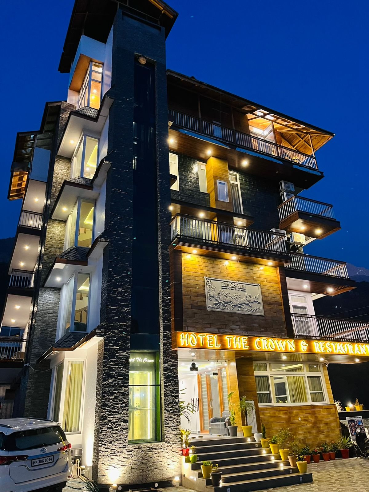 Hotel The Crown exterior at night, Dharamshala
